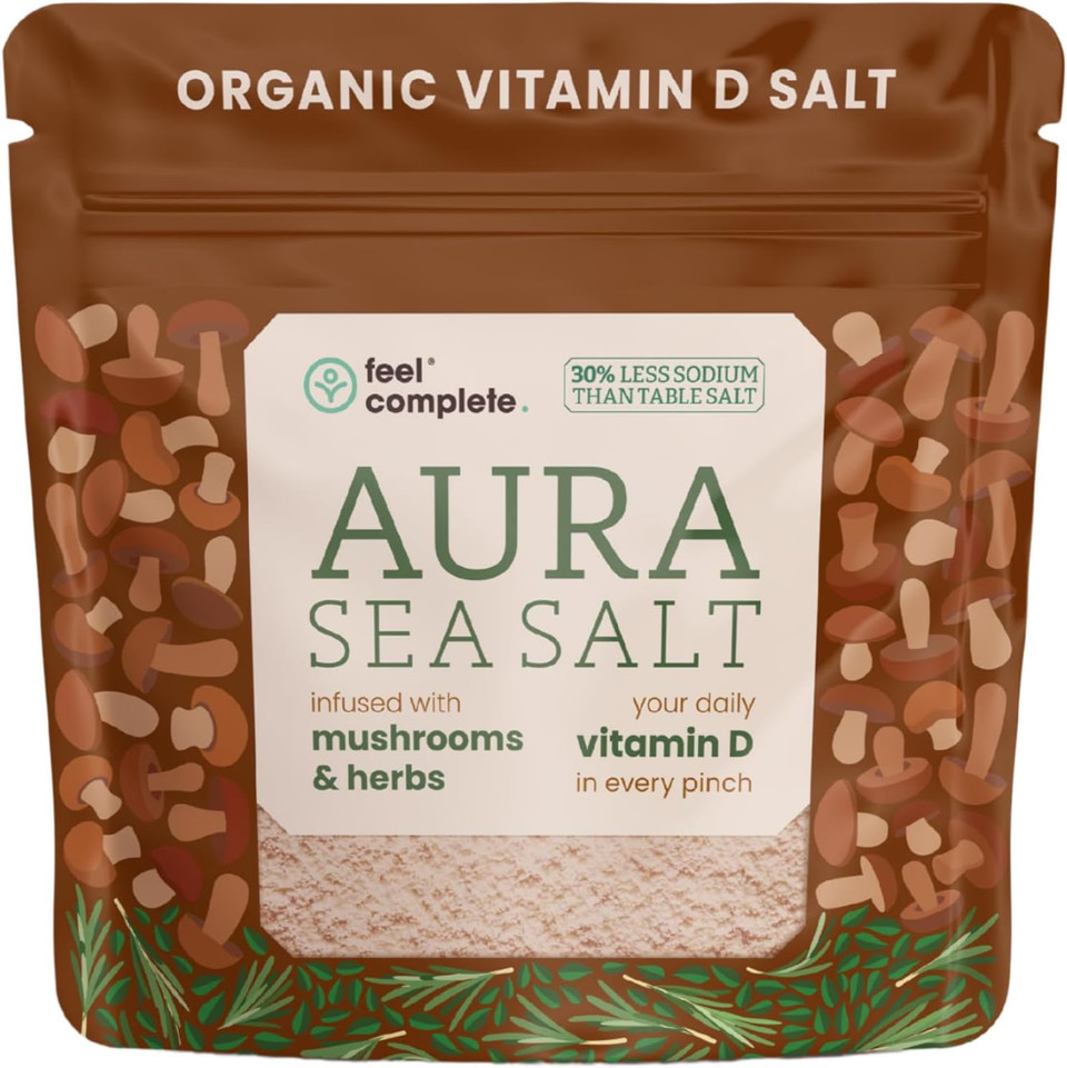Your Daily Vitamin D in Every Pinch | Organic Aura Sea Salt | Infused Celtic Sea Salt with Mushrooms & Herbs | 30% Less Sodium Than Table Salt | 5 Months of Vitamin D | 80g Resealable Pouch