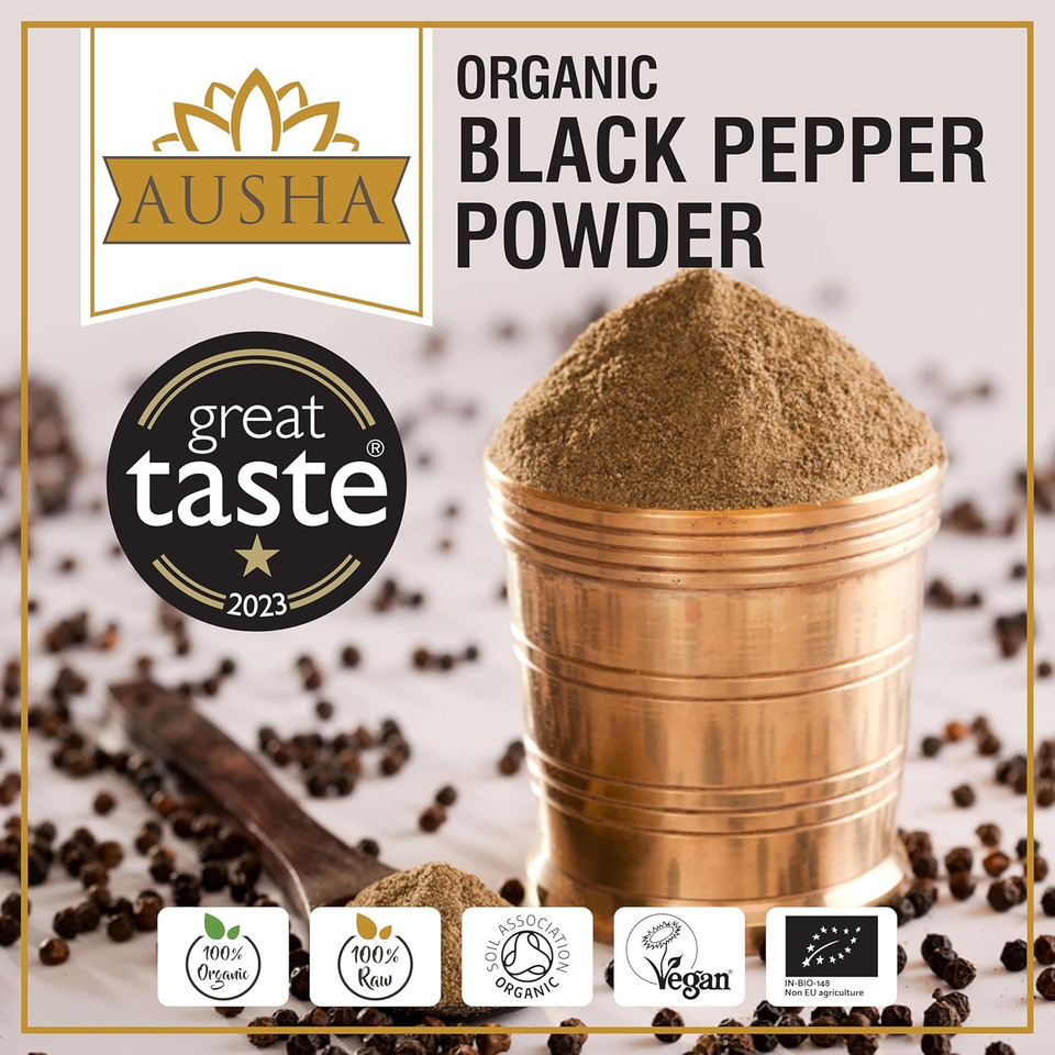 Ausha Organic Coarse Black Pepper - 200g - UK Certified Organic by Soil Association - 1* GREAT TASTE AWARD - Premium Quality Pepper