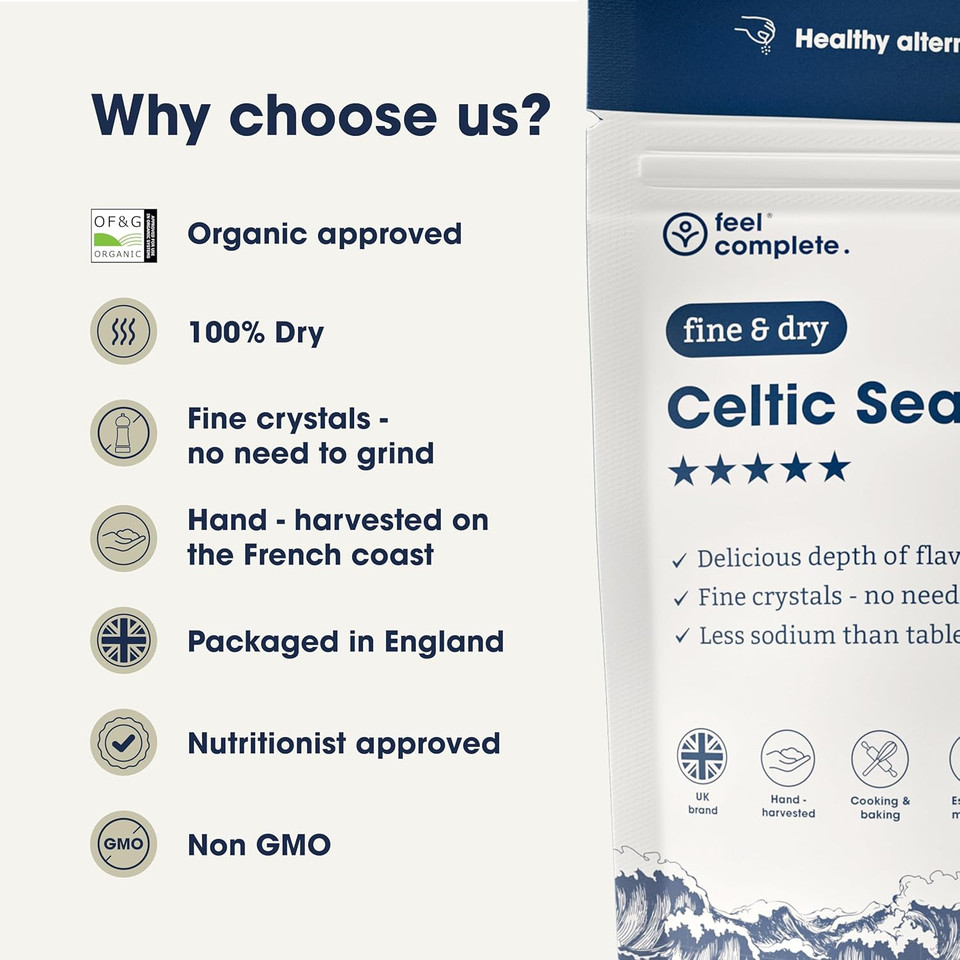 Feel Complete - 200g Fine & Dry Celtic Salt  No Grinding Needed  Organic Approved, 82 Essential Minerals  Healthy Celtic Sea Salt Organic Alternative to Table Salt