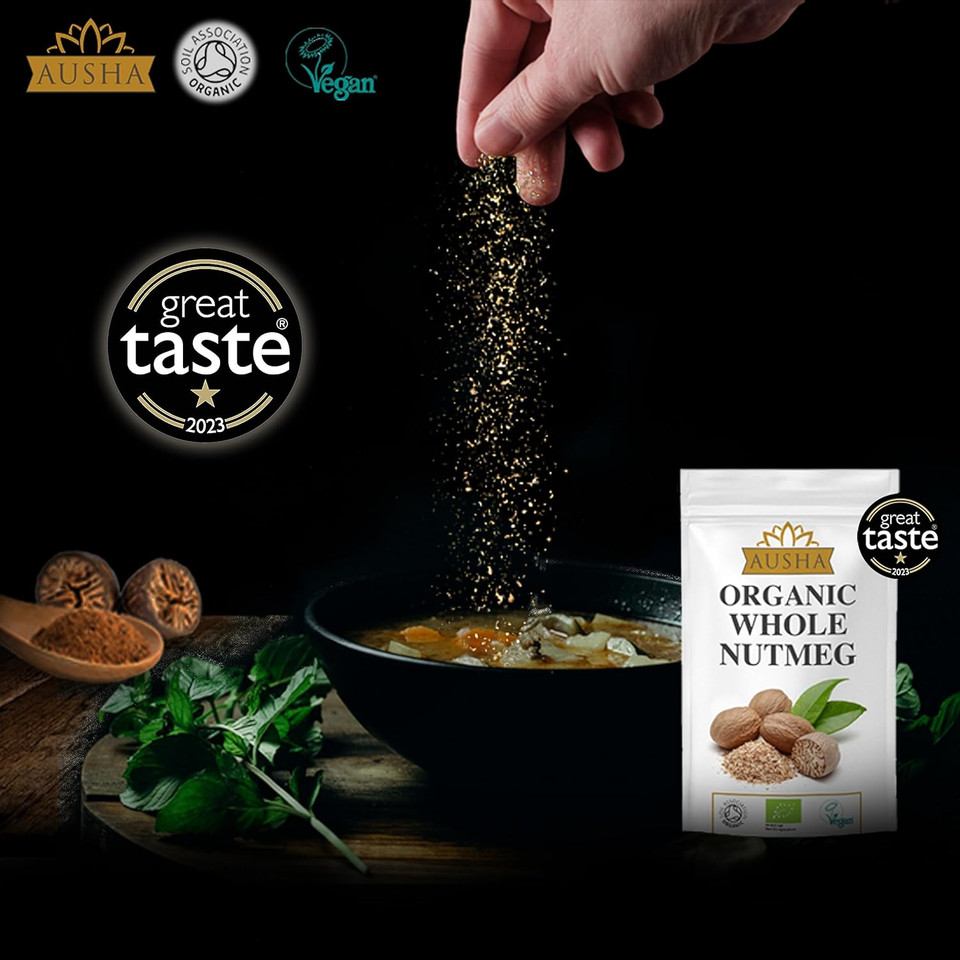 Ausha Organic Whole Nutmeg 50g - 1* Star GREAT TASTE AWARD 2023 - Certified Organic by Soil Association - GREAT TASTE PRODUCER