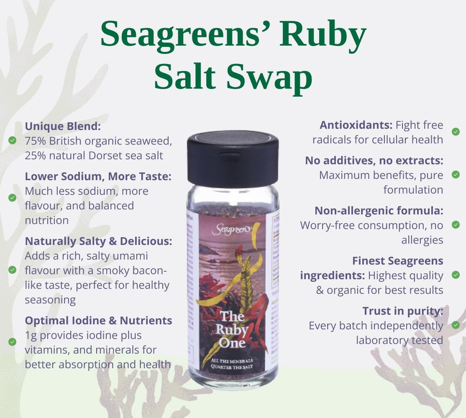 Seagreens Seaweed & Sea Salt, The Ruby One, 55g, 1-6 Months Supply, Table Salt Replacement with Umami Flavour