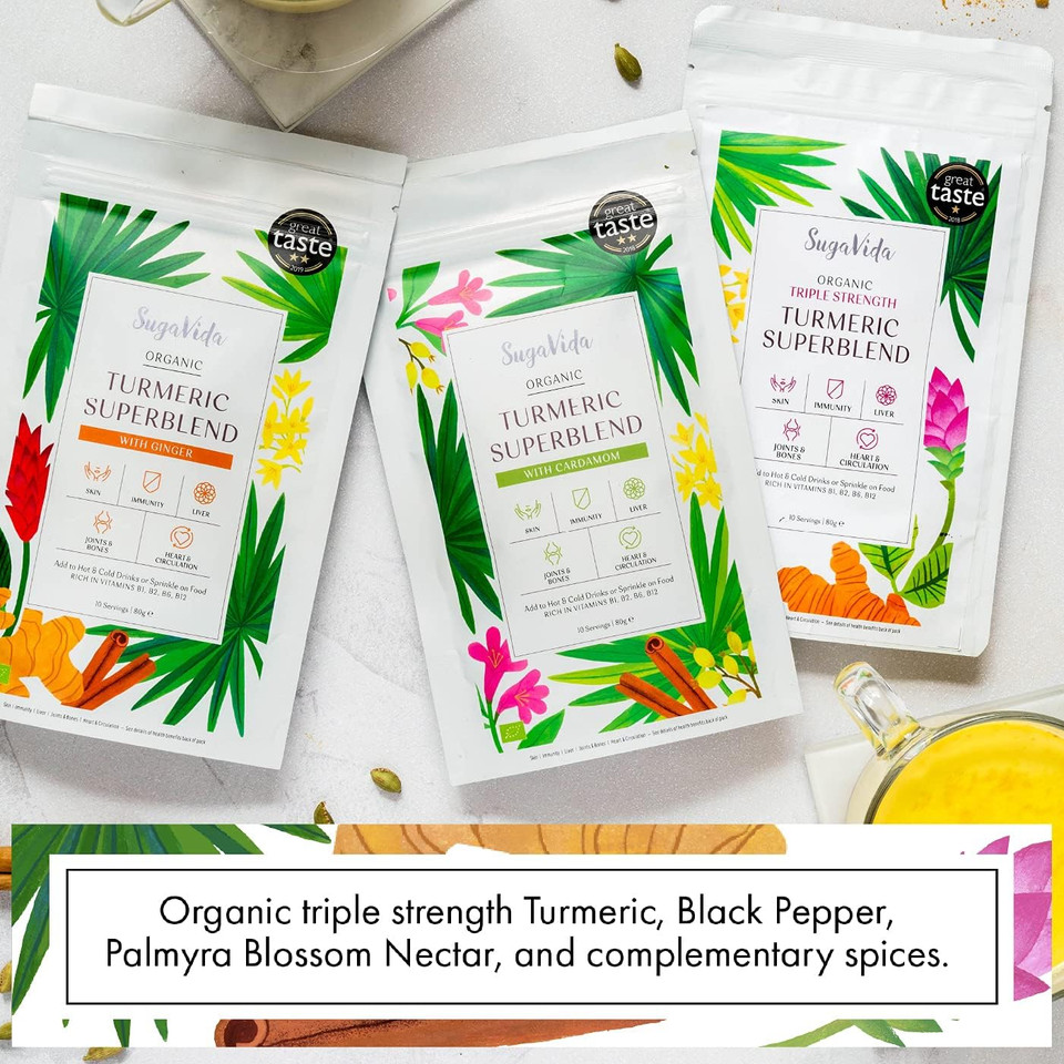 SugaVida | Organic Turmeric Superblend - 240 grams | Triple-Strength Curcumin | Instant Golden Milk or Turmeric Latte | Great Taste Award Winner | Authentic Ayurvedic Blend