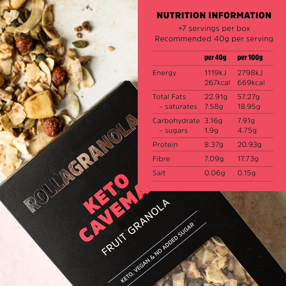 Rollagranola - Keto Caveman, Fruit Granola, 300g Box - Keto Granola, High Protein, Low Carb, Vegan, Gluten Free & Cereal Free With No Added Sugar. Handcrafted in The UK (300g) Rollagranola - Keto Caveman, Fruit Granola, 300g Box - Keto Granola, High Protein, Low Carb, Vegan, Gluten Free & Cereal Free With No Added Sugar. Handcrafted in The UK (300g)