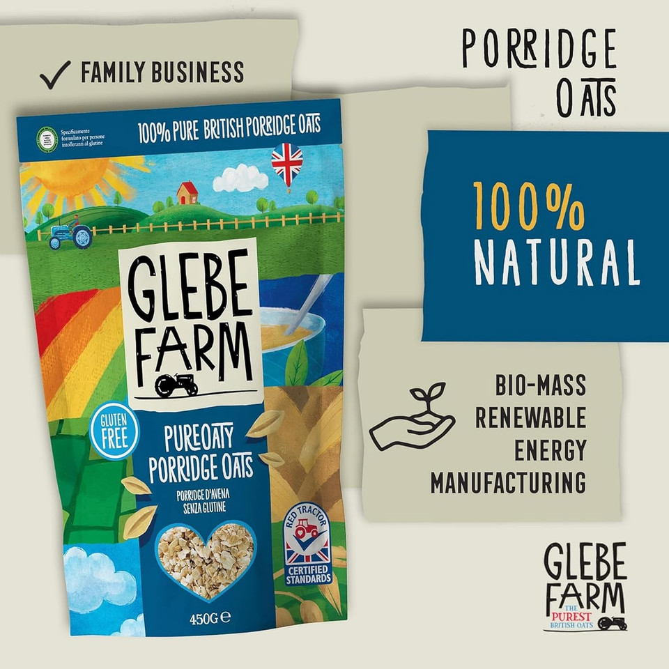 Glebe Farm Porridge Oats 6pk, Healthy Wholegrain Gluten Free For Slow Release Energy, 100% British, All-Natural & High In Fibre, Delicious Porridge With No Hidden Nasties, 6x 450g