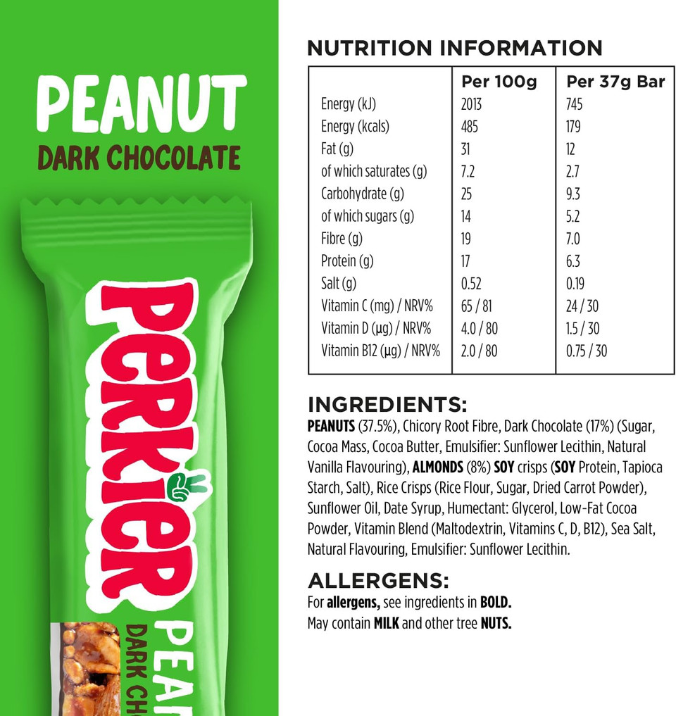 Perkier Peanut Dark Chocolate Bars (15 Bars), Vegan, Gluten Free, Protein, High Fibre, Lower Sugar Snack, Natural Ingredients, Lower Calorie, Healthy, No Palm Oil, Nut Bar, Carbon Neutral Perkier Peanut Dark Chocolate Bars (15 Bars), Vegan, Gluten Free, Protein, High Fibre, Lower Sugar Snack, Natural Ingredients, Lower Calorie, Healthy, No Palm Oil, Nut Bar, Carbon Neutral