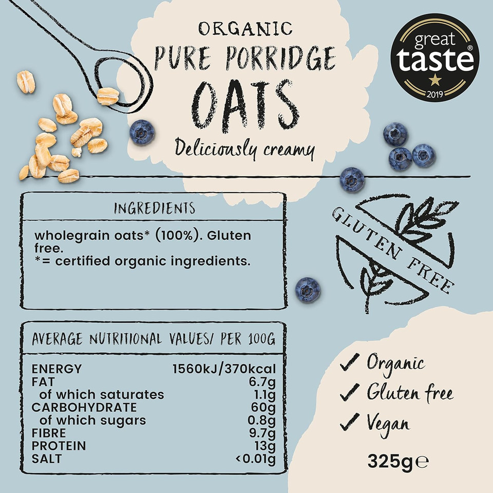 Amisa Organic Gluten-Free Porridge Oats 325g, Pack of 6 - Pure Wholegrain & High in Fibre - Naturally Vegan Breakfast Cereal