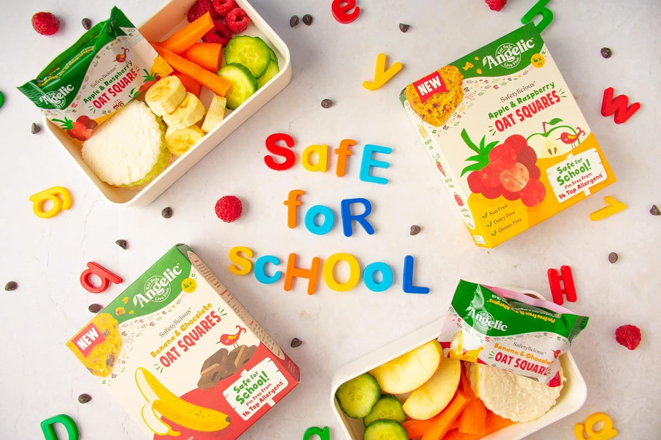 Angelic Free From 16 Pack Apple & Raspberry Oat Squares. Vegan Allergen Free Kids Snack Oat Bars For Snacks & Lunch Box. Nut, Gluten, Egg & Dairy Free Multipack Kids Snack Bars (16 x 30g Bars)