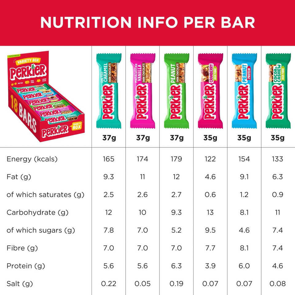Perkier Salted Caramel Bars (30 Bars), Vegan, Gluten Free, Protein, High Fibre, Lower Sugar Snack, Natural Ingredients, Lower Calorie, Healthy, No Palm Oil, Nut Bar, Carbon Neutral