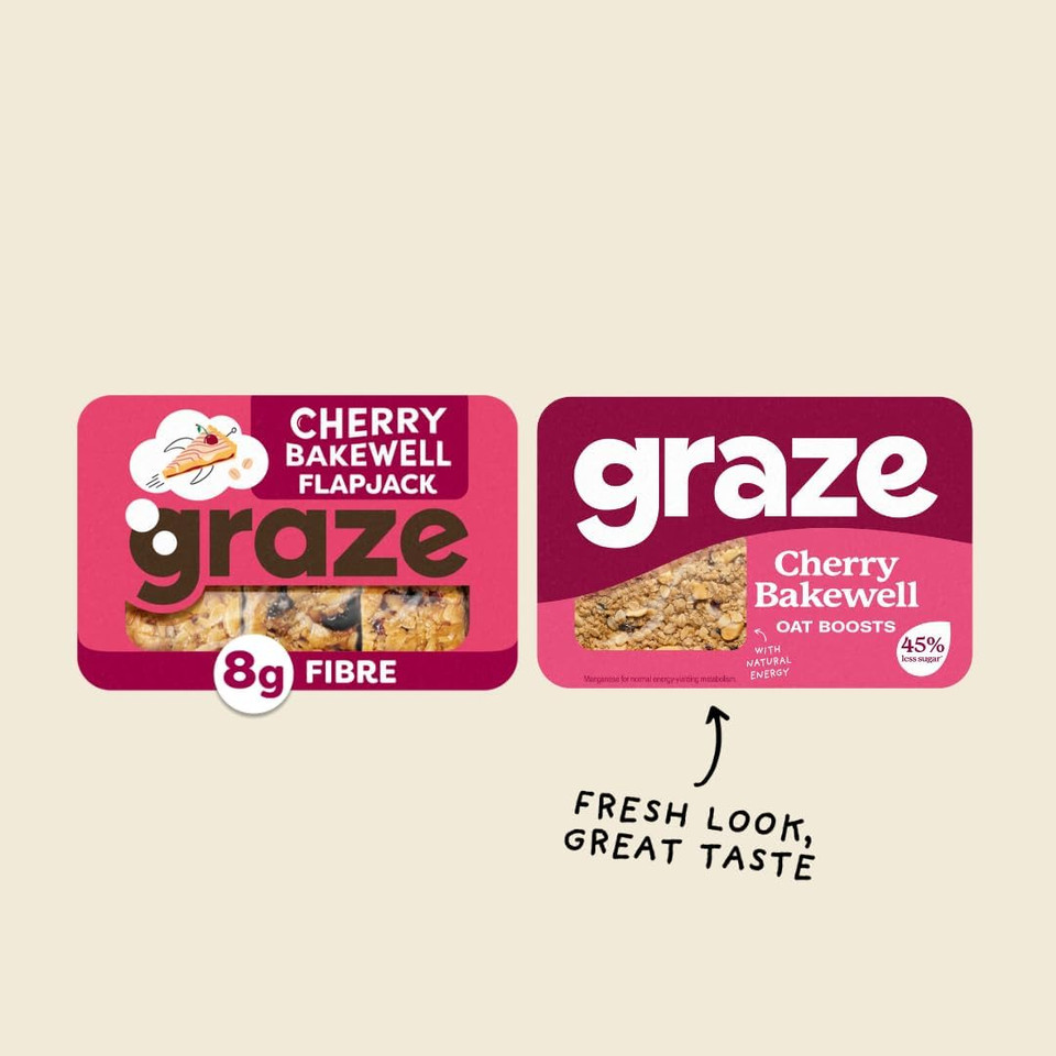 Graze Cherry bakewell Oat Flapjacks, Vegetarian Snacks, 3 Bars per Punnet, Whole Oats & Natural Flavours - Packaging may vary - (18 x 50g Snacks)(Cherry Bakewell)