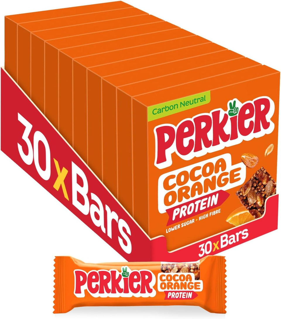 Perkier Cocoa Orange Bars (30 Bars), Vegan, Gluten Free, Protein, High Fibre, Lower Sugar Snack, Natural Ingredients, Lower Calorie, Healthy, No Palm Oil, Nut Bar, Carbon Neutral Perkier Cocoa Orange Bars (30 Bars), Vegan, Gluten Free, Protein, High Fibre, Lower Sugar Snack, Natural Ingredients, Lower Calorie, Healthy, No Palm Oil, Nut Bar, Carbon Neutral