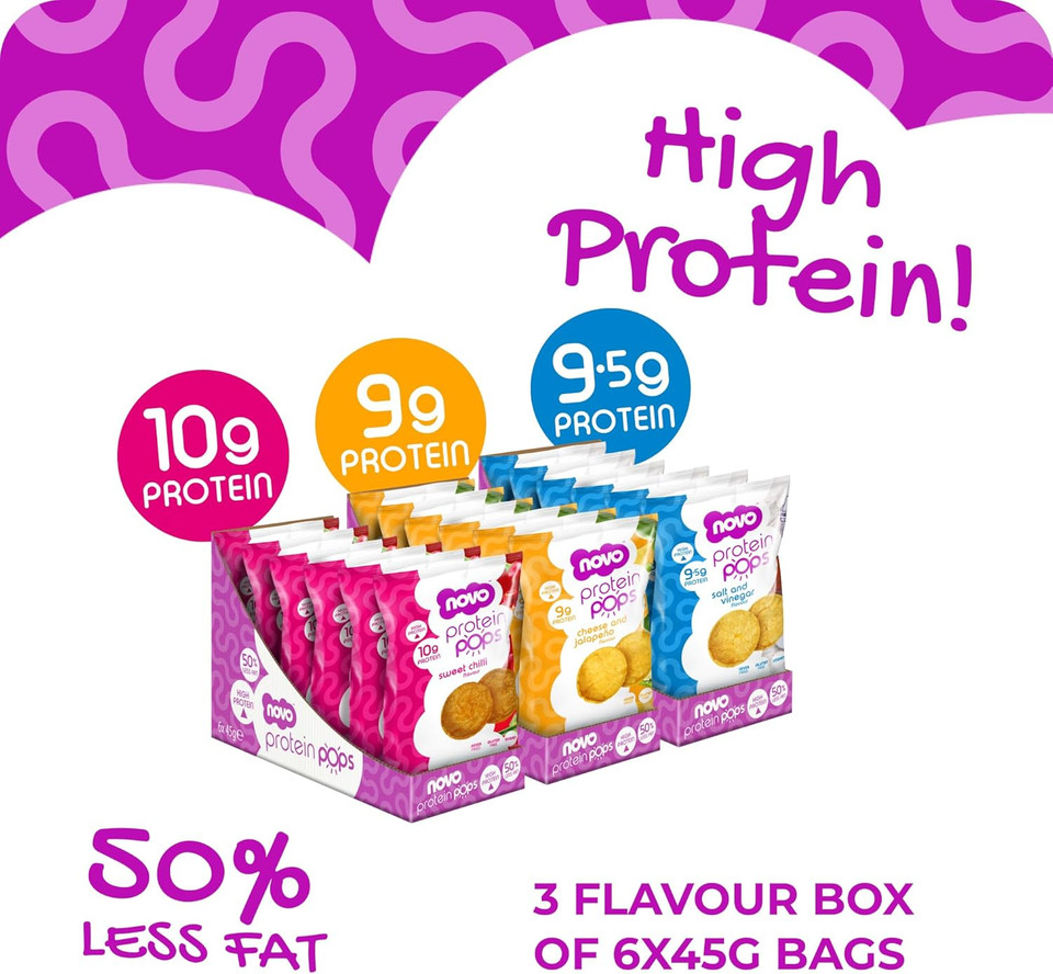 Novo Nutrition | Protein Pops | Healthy Savoury Snack with High Protein, Low Sugar and High Fibre | Pack of 6 x 45g (Sweet Chilli)