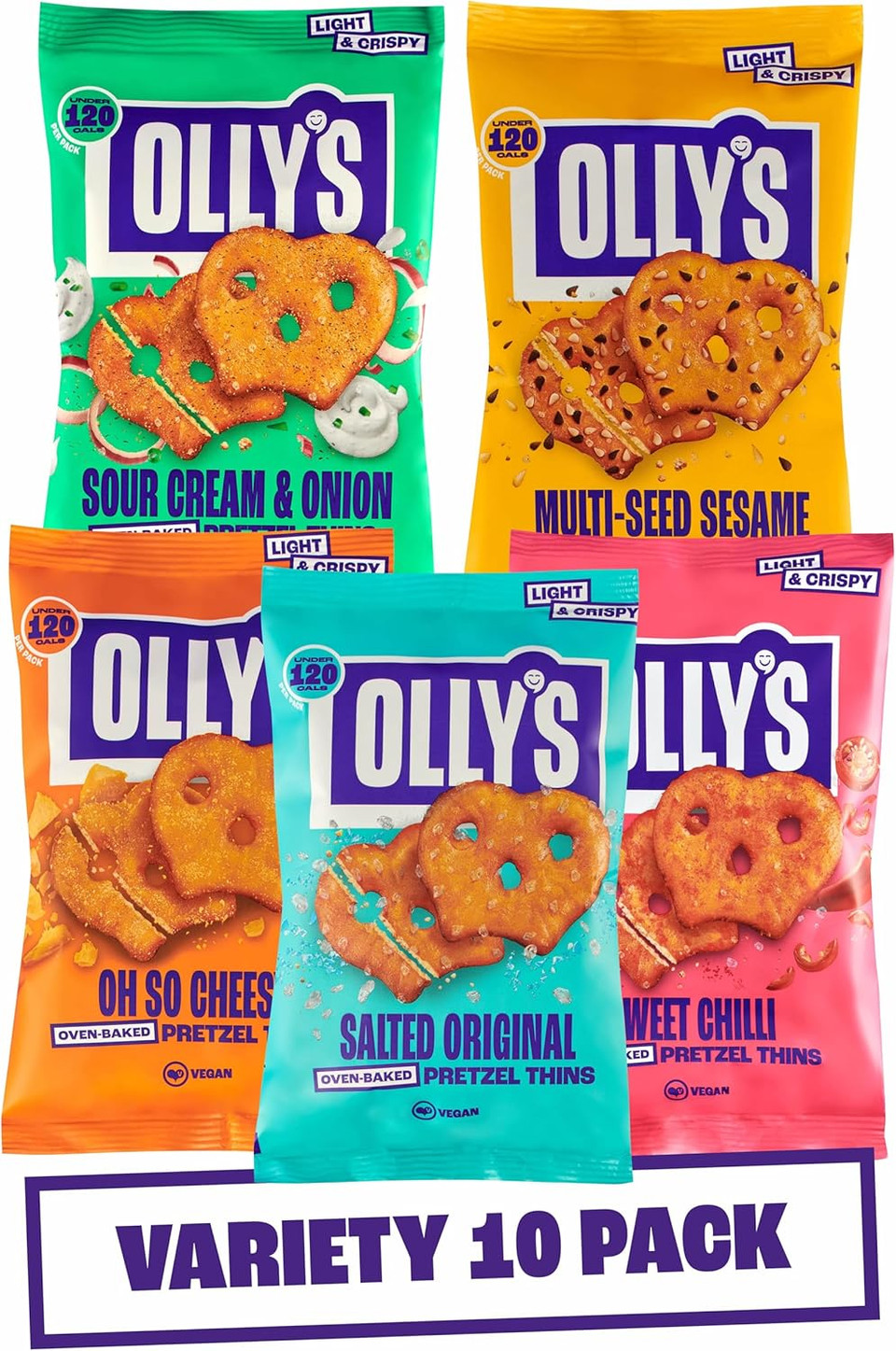 Olly's Pretzel Thins, New Variety Pack, 35g (Pack of 10), x2 Salted, x2 Multi Seeded, x2 Sour Cream, x2 Sweet Chilli x2 Cheesy, Low Calorie Snacks, Low Fat, Source of Fibre, No Preservatives