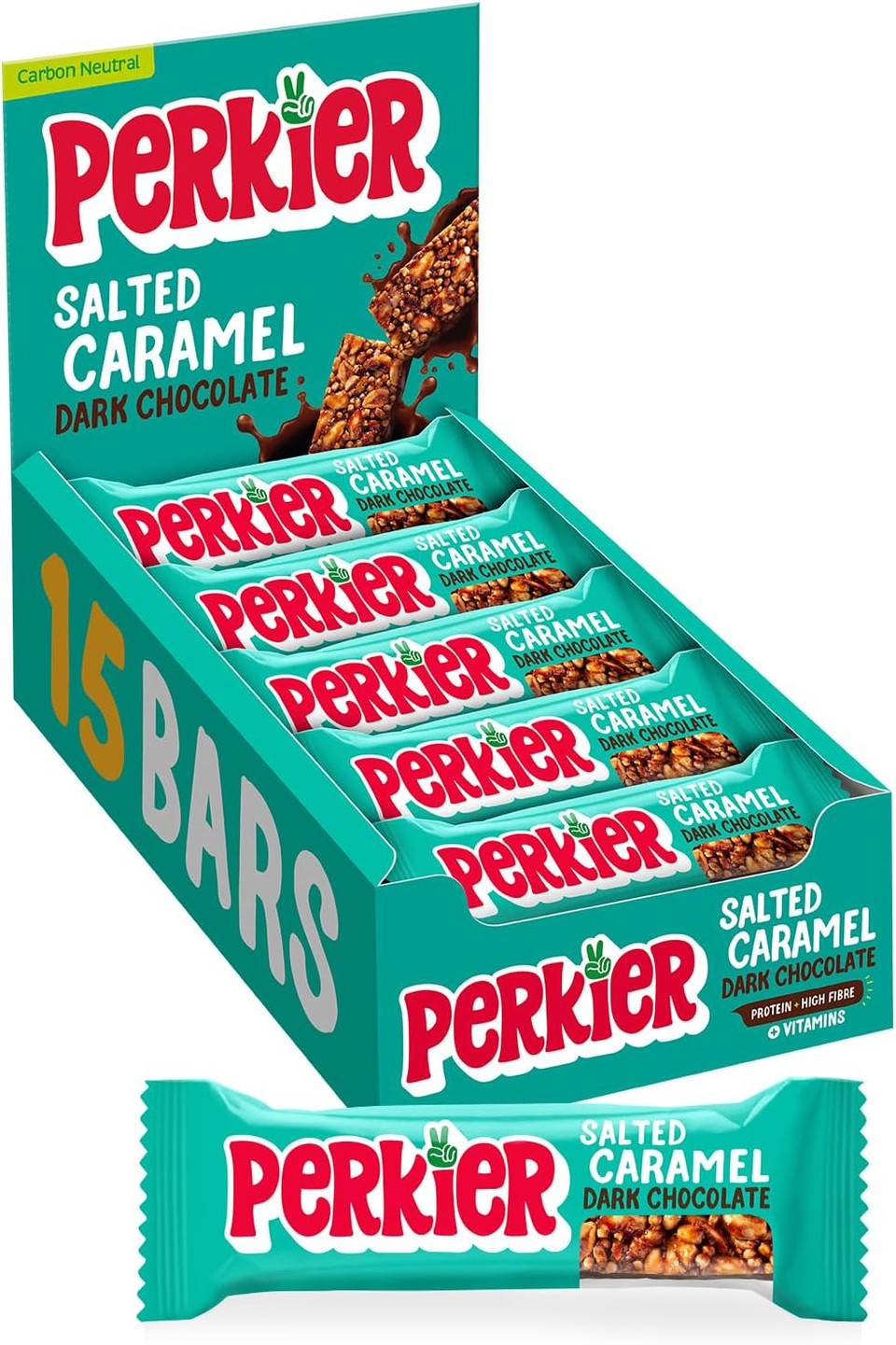 Perkier Salted Caramel Dark Chocolate Bars (15 Bars), Vegan, Gluten Free, Protein, High Fibre, Lower Sugar Snack, Natural Ingredients, Lower Calorie, Healthy, No Palm Oil, Nut Bar, Carbon Neutral Perkier Salted Caramel Dark Chocolate Bars (15 Bars), Vegan, Gluten Free, Protein, High Fibre, Lower Sugar Snack, Natural Ingredients, Lower Calorie, Healthy, No Palm Oil, Nut Bar, Carbon Neutral