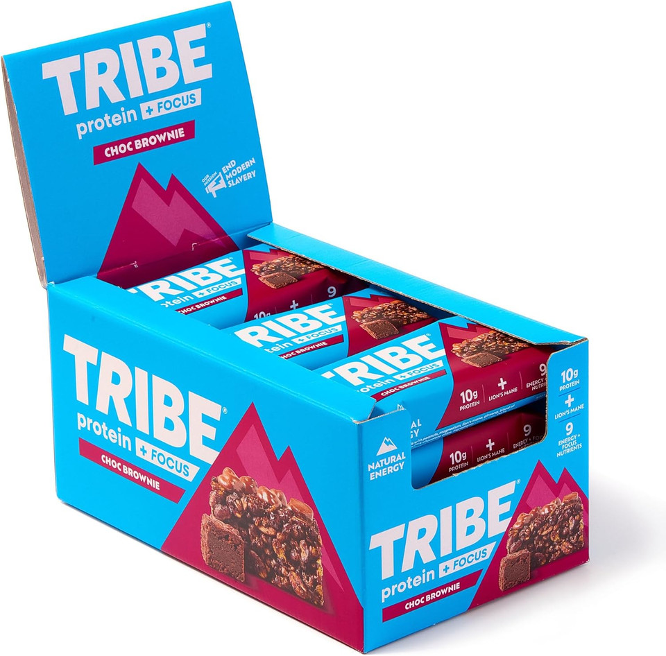 TRIBE Protein + Focus Bar - Peanut Butter Choc Chip - 10g Protein, 9 Energy & Focus Nutrients, Lions Mane, Plant Based, Vegan Snack & Gluten Free (60g x 12 Bars)