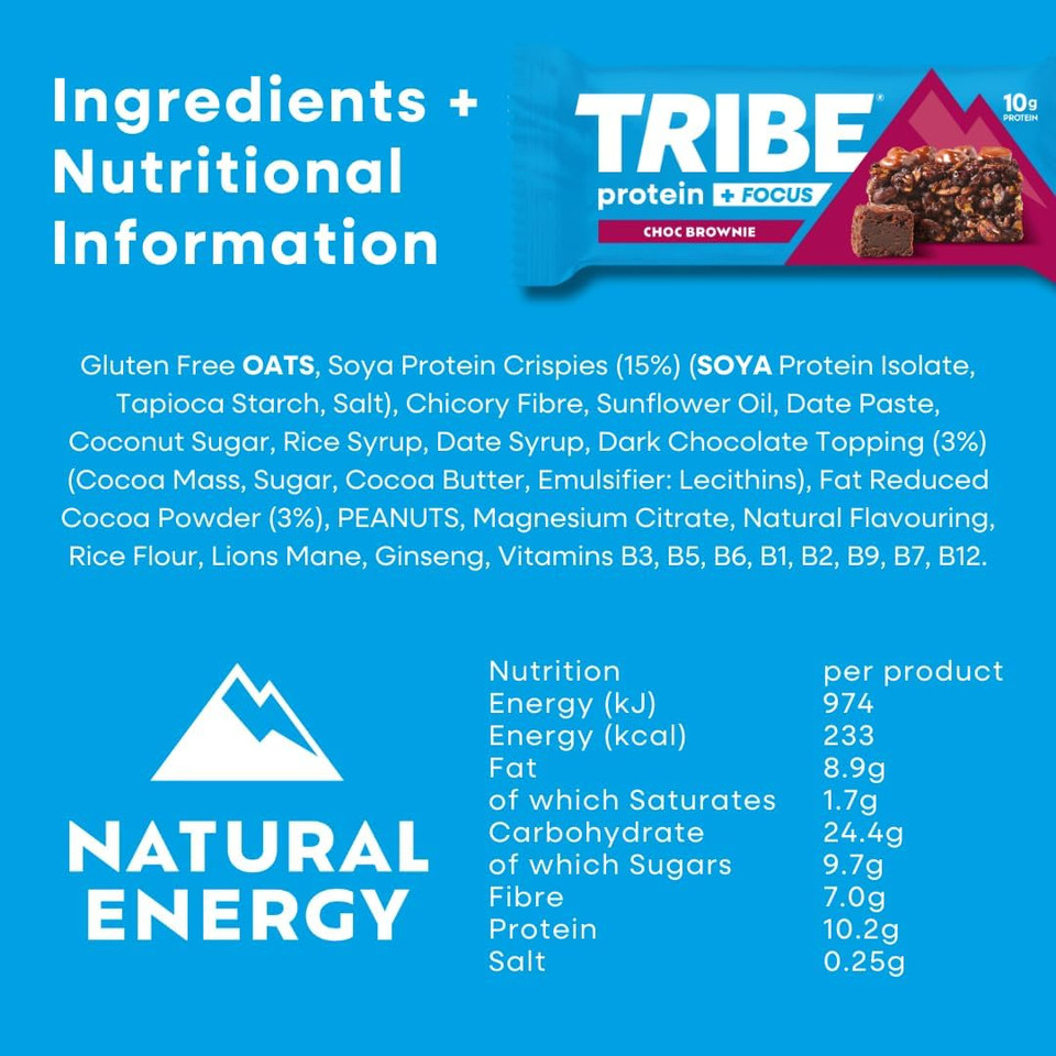 TRIBE Protein + Focus Bar - Peanut Butter Choc Chip - 10g Protein, 9 Energy & Focus Nutrients, Lions Mane, Plant Based, Vegan Snack & Gluten Free (60g x 12 Bars)