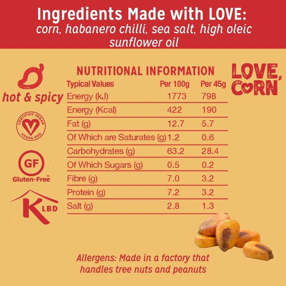 LOVE CORN Habanero Chilli Crunchy Corn Snack 45g x 10 Bags  Healthy Snacks Ideal for Gluten Free & Vegan Diets  Low Sugar Alternative for Crisps, Mixed Nuts & Pretzels  Perfect To Graze On LOVE CORN Habanero Chilli Crunchy Corn Snack 45g x 10 Bags  Healthy Snacks Ideal for Gluten Free & Vegan Diets  Low Sugar Alternative for Crisps, Mixed Nuts & Pretzels  Perfect To Graze On