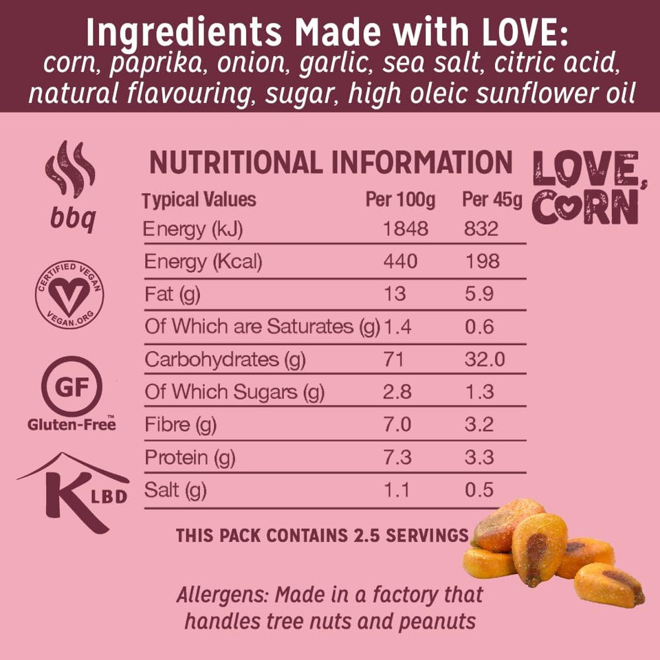 LOVE CORN BBQ Crunchy Corn Snack 115g x 6 Bags  Healthy Snacks Ideal for Gluten Free & Vegan Diets  Low Sugar Alternative for Crisps, Mixed Nuts & Pretzels  Perfect To Graze On LOVE CORN BBQ Crunchy Corn Snack 115g x 6 Bags  Healthy Snacks Ideal for Gluten Free & Vegan Diets  Low Sugar Alternative for Crisps, Mixed Nuts & Pretzels  Perfect To Graze On