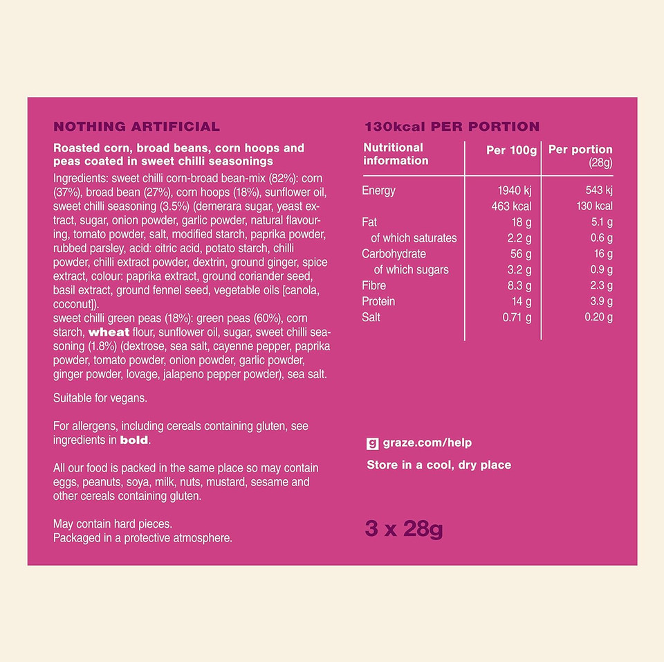 Graze - Sweet Chilli Crunch Snacks- Healthy Snacks Alternative for Crisps, Mixed Nuts & Pretzels -Ideal if you Love Corn, Broad beans and Corn hoops mixed Savoury Vegan Snacks (24x28g)