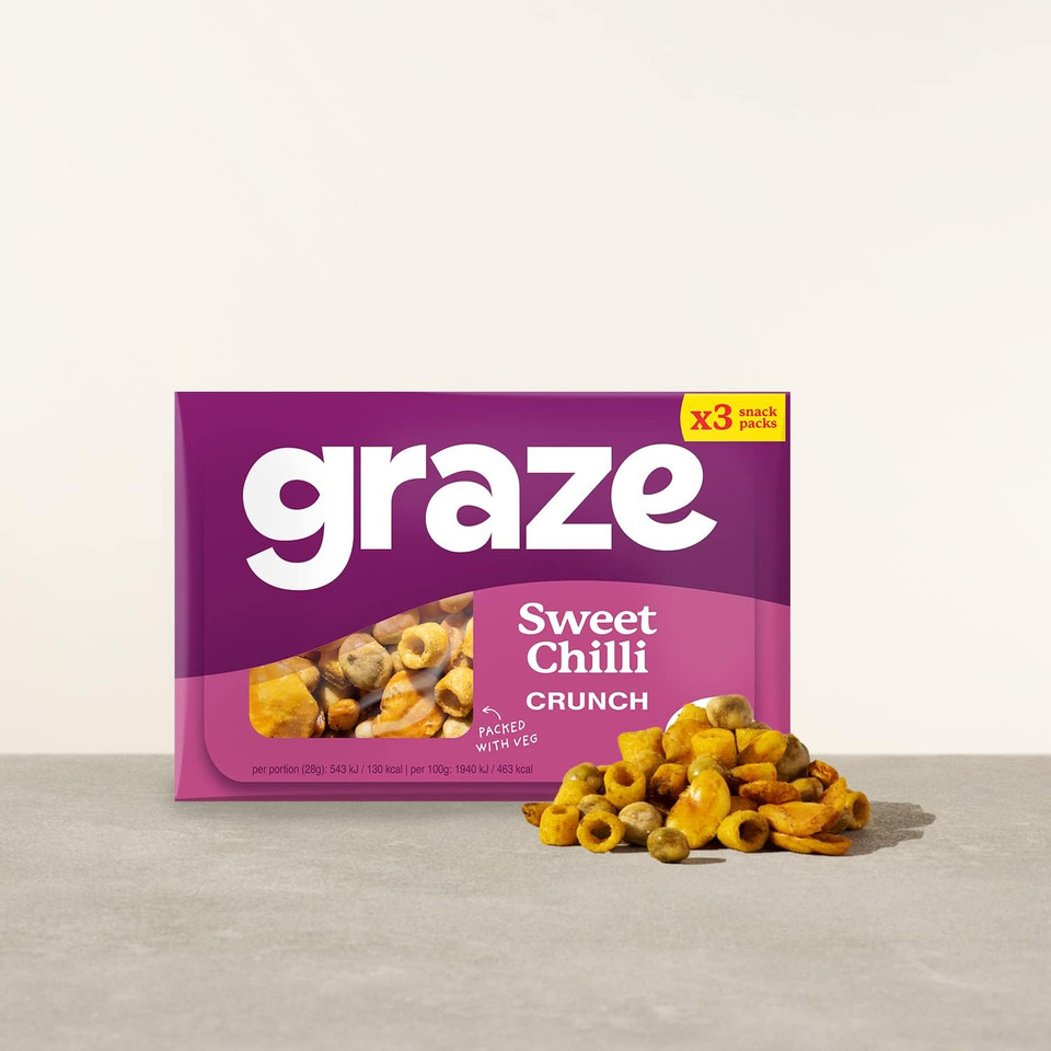 Graze - Sweet Chilli Crunch Snacks- Healthy Snacks Alternative for Crisps, Mixed Nuts & Pretzels -Ideal if you Love Corn, Broad beans and Corn hoops mixed Savoury Vegan Snacks (24x28g)