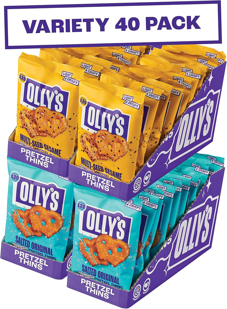 Olly's Pretzel Thins, Variety Pack, 35g (Pack of 40), Handy Snack Pouches, Healthy Plant-Based Vegan Snacks for Dipping, Low Calorie Snacks, Low Fat, Source of Fibre, No Preservatives