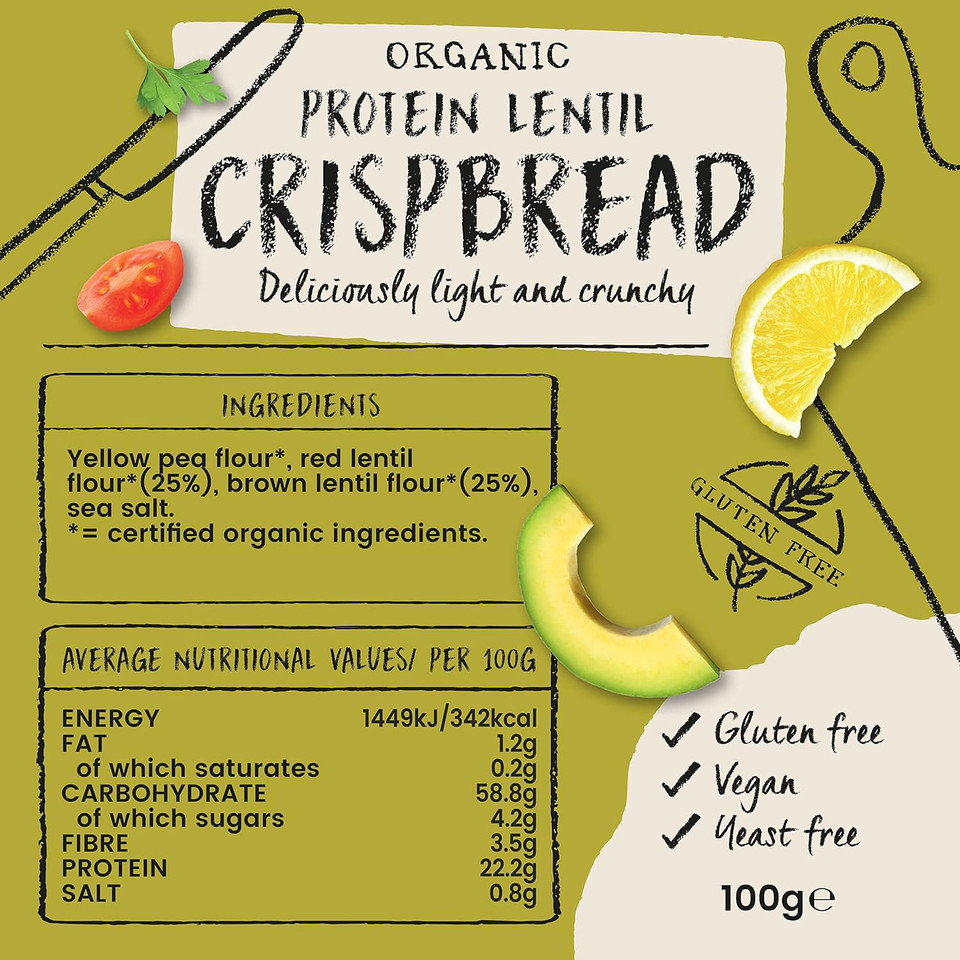 Amisa Organic Gluten-Free Protein Lentil Crispbread, 100g - Yeast Free & Low Carb - Plant-Based Protein - The Perfect Vegan Snack