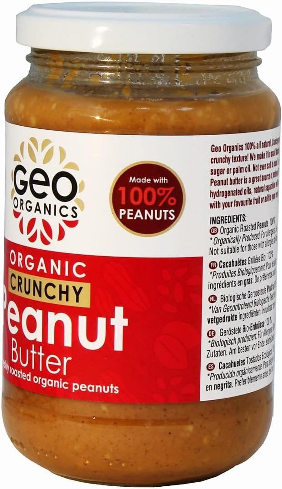 Geo Organics Crunchy Peanut Butter 350g Jar (3pk) -Made with 100% Organic Roasted Peanuts -Natural, No Palm Oil, No Added Sugar, No Salt, Hi-Oleic Peanuts, High Protein, Gluten Free, Vegan, Dairy Free