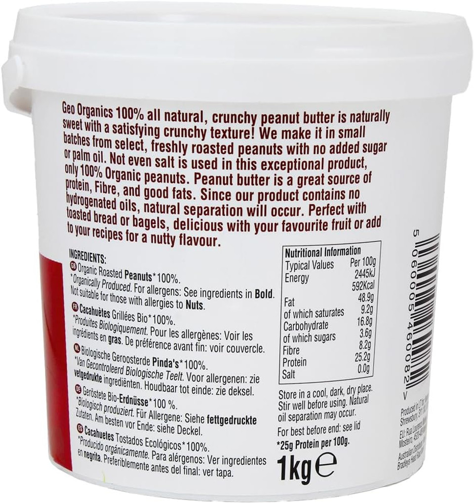 Geo Organics Crunchy Peanut Butter 350g Jar (6pk) -Made with 100% Organic Roasted Peanuts -Natural, No Palm Oil, No Added Sugar, No Salt, Hi-Oleic Peanuts, High Protein, Gluten Free, Vegan, Dairy Free