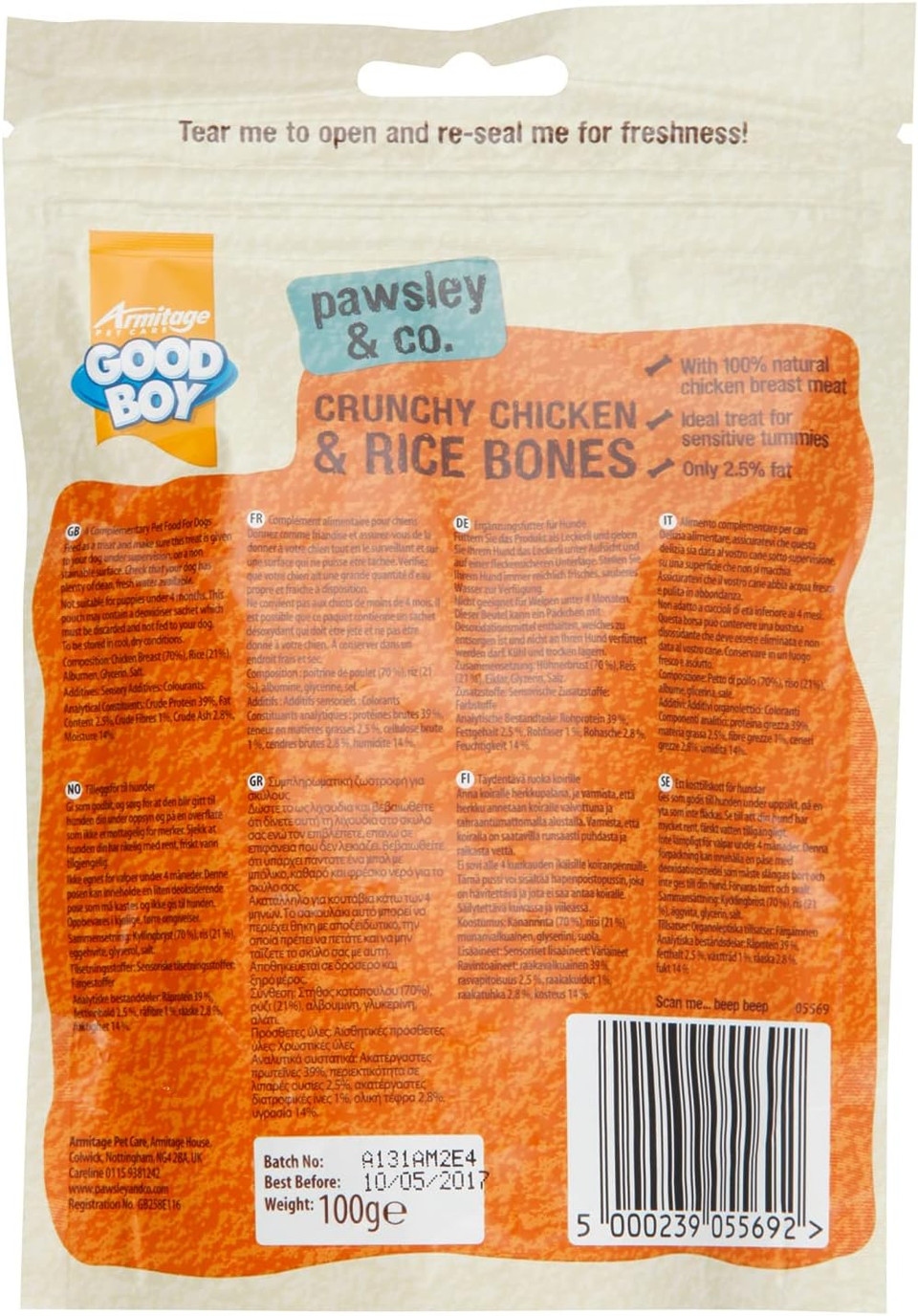 Good Boy - Crunchy Chicken and Rice Bones - Dog Treats - Made with 100% Natural Chicken Breast Meat - 100 g e - Low Fat Dog Treats - Case of 8