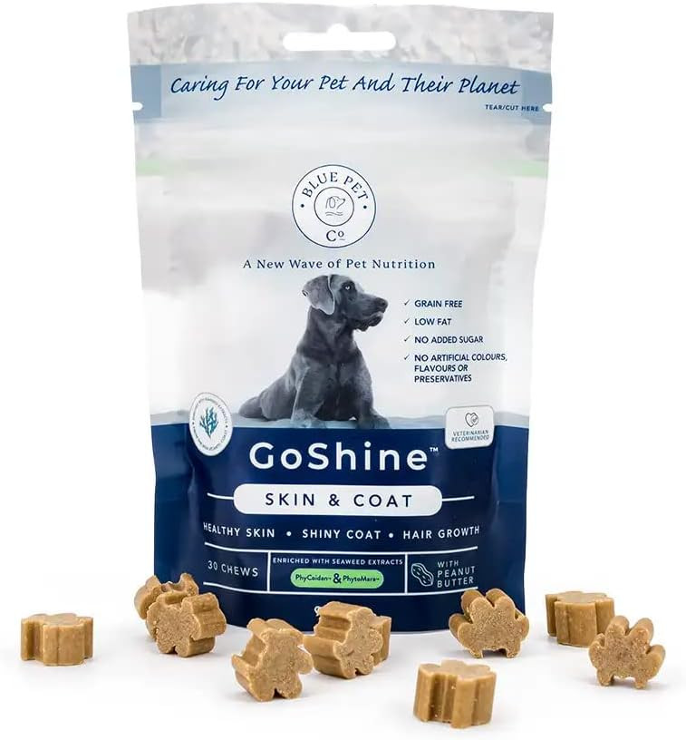 Blue Pet Co - GoShine Skin & Coat Health Supplement for Dogs - Promotes Healthy Skin, Shiny Coat & Hair Growth - Enriched with Unique Seaweed Complexes - With Peanut Butter - 10 Chews