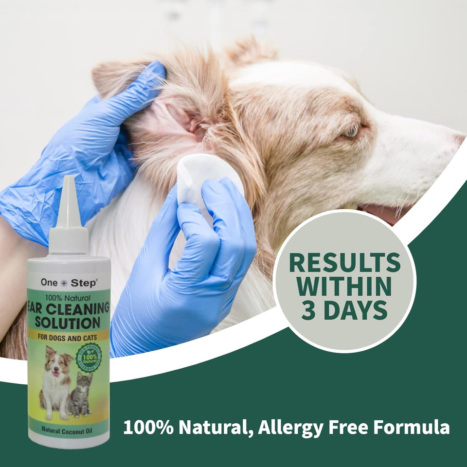 One Step Pet Ear Cleaner for Dogs & Cats 237ml, 100% Natural Cleaning Solution used to Stop Shaking Head, Itchy, Smelly Ears & Wax Removal, Organic Coconut Oil & Aloe Vera Leaf Juice Formula