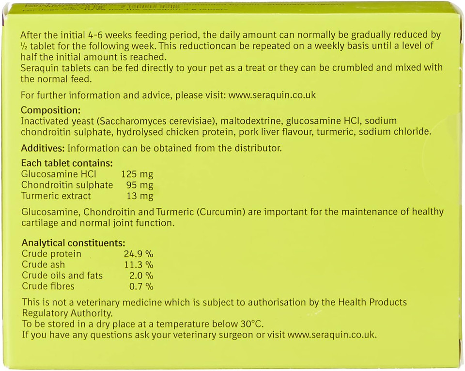 Seraquin Veterinary Joint Supplement with Turmeric for Cats and Small Dogs - 60 x 800 mg Chewable Tablets