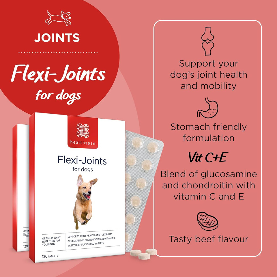 Healthspan Flexi-Joints For Dogs | Supports your Dog's Joint Health | Blend of Glucosamine and Chondroitin | With Vitamins C & E | Delicious Beef Flavour (240 Tablets)