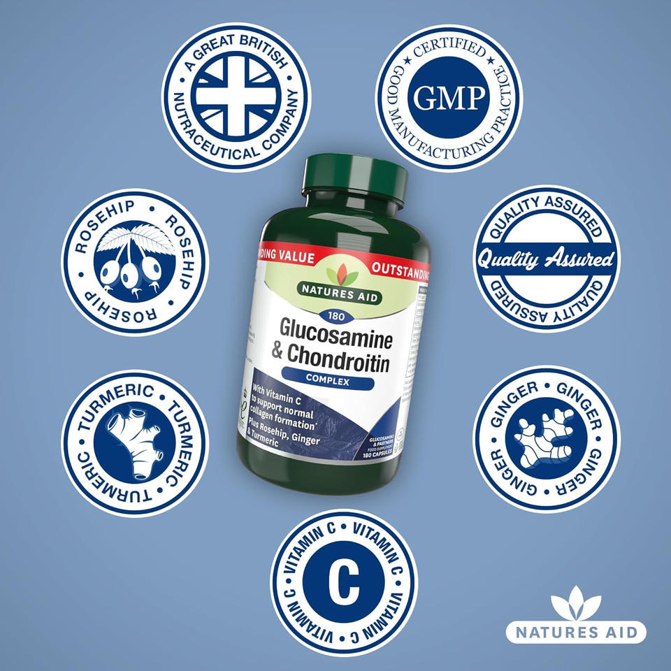 Natures Aid Glucosamine & Chondroitin Complex - Rosehip Ginger Turmeric Vitamin C Supplement - Joint Support Mobility, Flexibility & Cartilage Health - Non-GMO, Gluten-Free - 90 Capsules