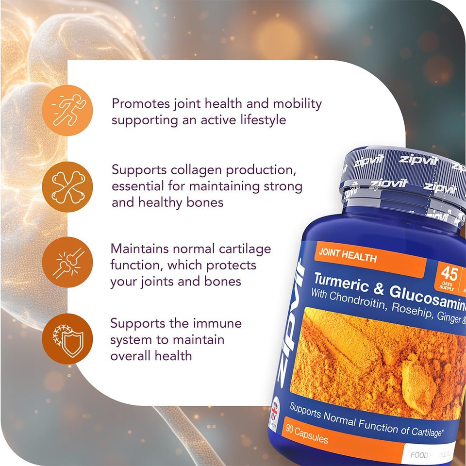 Zipvit Glucosamine and Chondroitin High Strength Complex with Turmeric, Vitamin C, Rosehip, Ginger & Zinc. Joint Supplements 90 Capsules