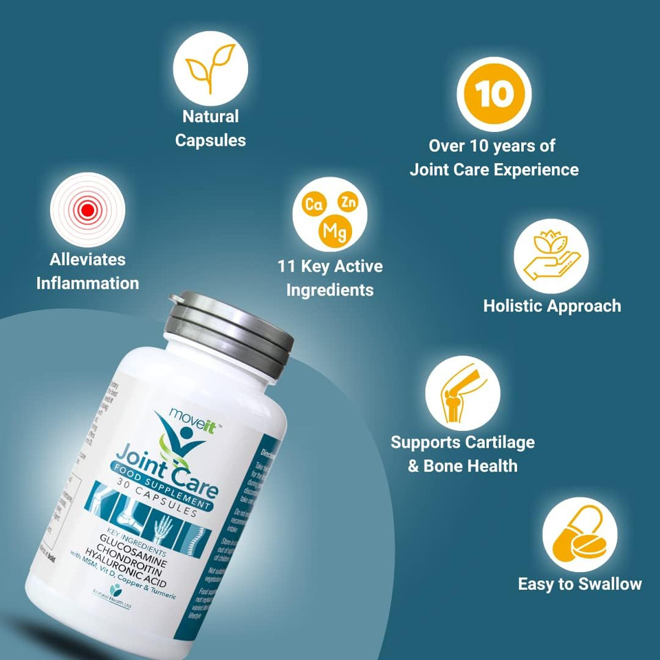 Moveit Joint Care Supplement  30 Capsules | Glucosamine, Chondroitin, MSM, Turmeric, Hyaluronic Acid, Vitamin D & Copper | Bone & Muscle Support for Mobility, Flexibility & Comfort 1 Month Supply