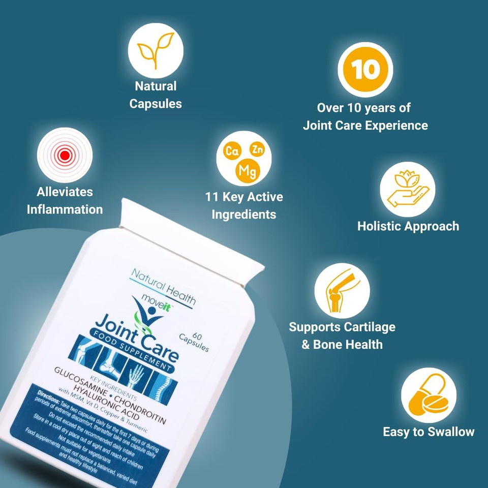 Moveit Joint Care Supplement  60 Capsules | Glucosamine, Chondroitin, MSM, Turmeric, Hyaluronic Acid, Vitamin D & Copper | Bone & Muscle Support for Mobility, Flexibility & Comfort - 2 Month Supply