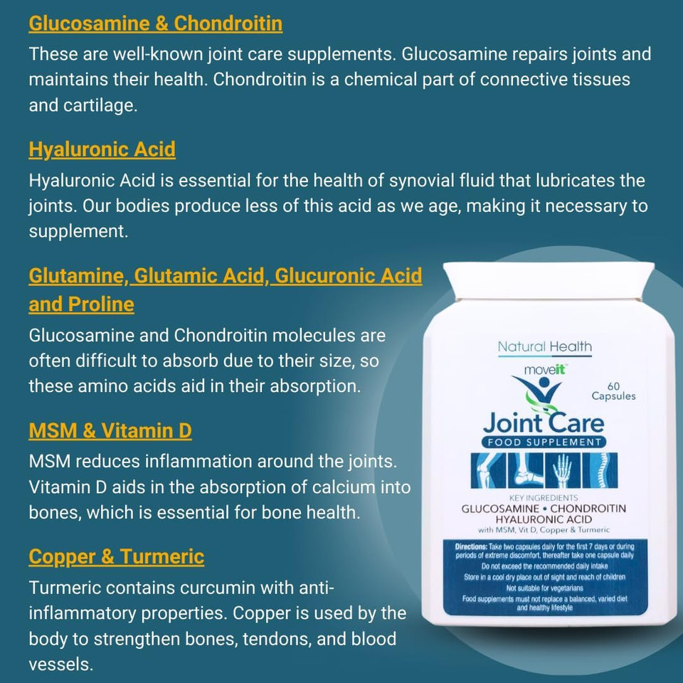 Moveit Joint Care Supplement  60 Capsules | Glucosamine, Chondroitin, MSM, Turmeric, Hyaluronic Acid, Vitamin D & Copper | Bone & Muscle Support for Mobility, Flexibility & Comfort - 2 Month Supply