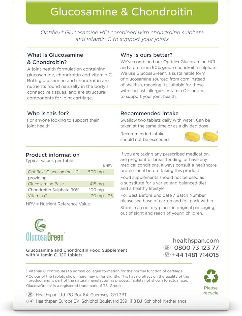 Healthspan Glucosamine and Chondroitin (120 Tablets) | Joint Health | 500mg Optiflex Glucosamine & 100mg Chondroitin Sulphate | 20mg Vitamin C | 40% More Glucosamine Per Gram | Sustainably Sourced