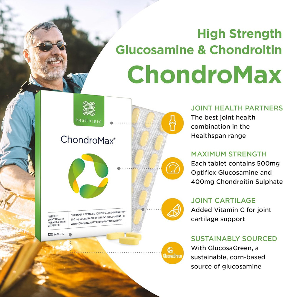 Healthspan High Strength Glucosamine & Chondroitin Joint Support | 500mg Optiflex Glucosamine HCI & 400mg Chondroitin Sulphate | Vitamin C for Joint Cartilage | Shellfish Free (60 Tablets)