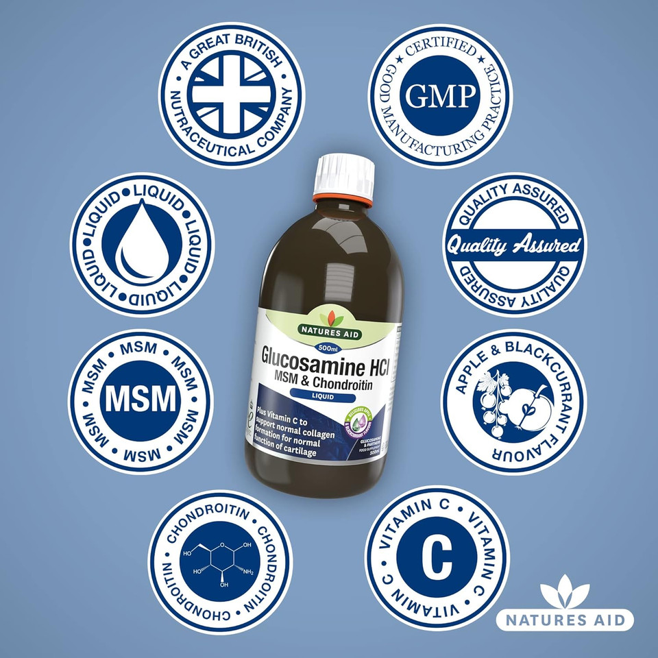 Natures Aid Glucosamine MSM & Chondroitin with Vitamin C Liquid 500ml - High Strength Joint Support - Mobility & Cartilage Health, Collagen Formation - Vegan, Non-GMO, Gluten-Free Supplement