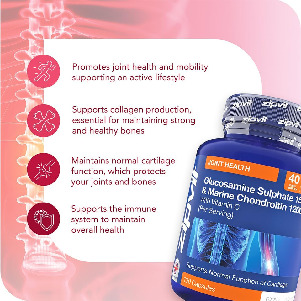 Zipvit Glucosamine and Chondroitin High Strength with Glucosamine Sulphate 1500mg, Marine Chondroitin 1200mg and Vitamin C, Joint Care Supplements for Men and Women, 120 Capsules