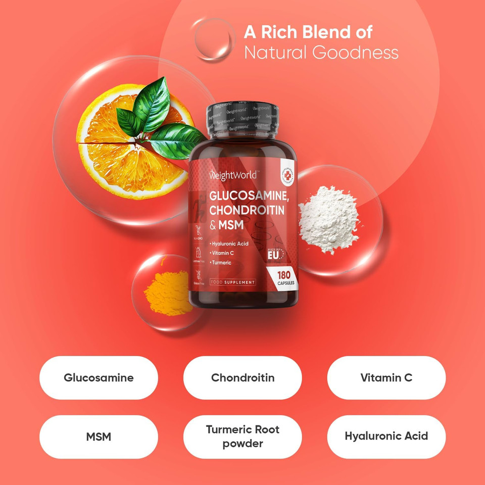 Glucosamine and Chondroitin Supplement - 180 Capsules - Upto 6 Months Supply - Glucosamine & Chondroitin Complex with Hyaluronic Acid, MSM, Vitamin C & Turmeric