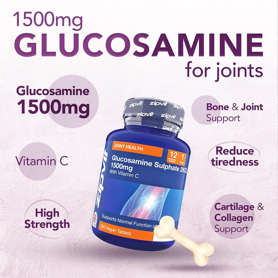 Zipvit High Strength Glucosamine Sulphate 2KCl 1500mg with Vitamin C, 12 Month Supply, Supports Bones and Cartilage Function, 360 Vegan Tablets, Joint Care Supplement for Men & Women