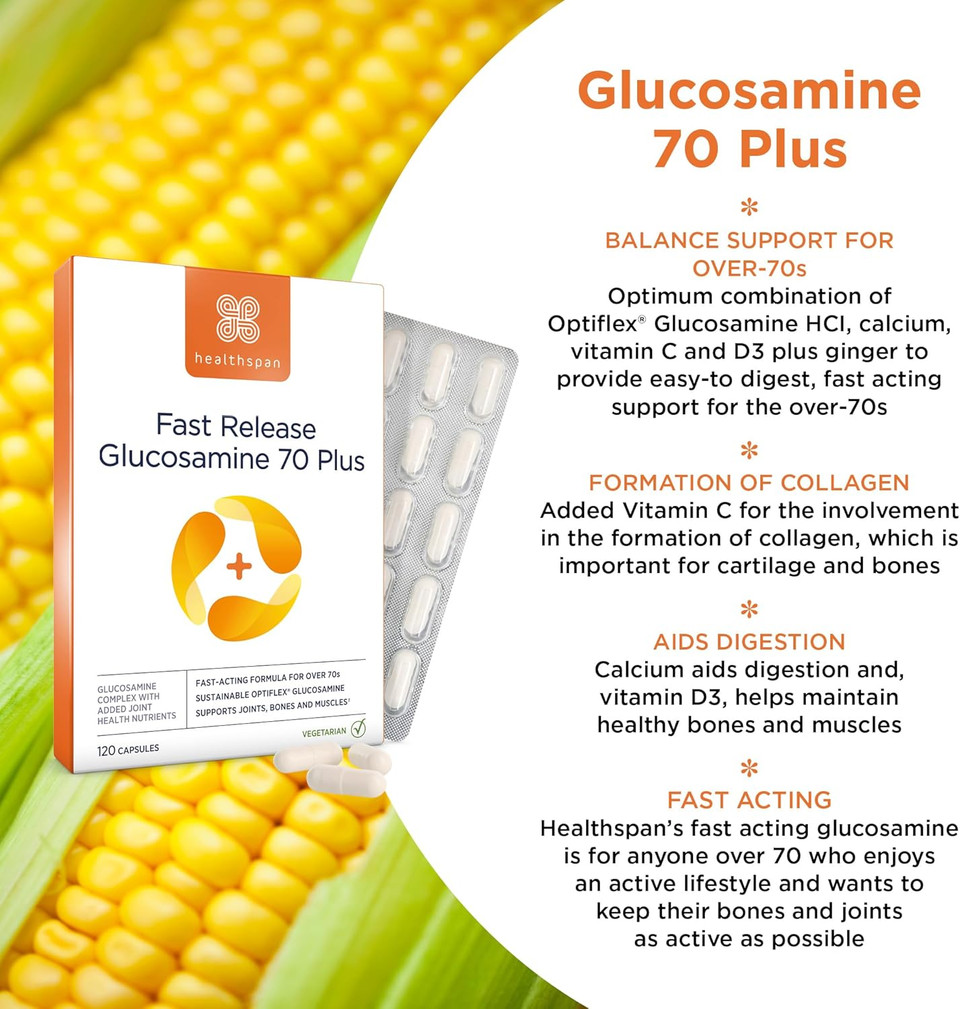 Healthspan Fast Release Glucosamine 70 Plus | 120 Capsules | with Vitamin C & Vitamin D3 | Easy to Digest | Calcium | Ginger | Vegetarian