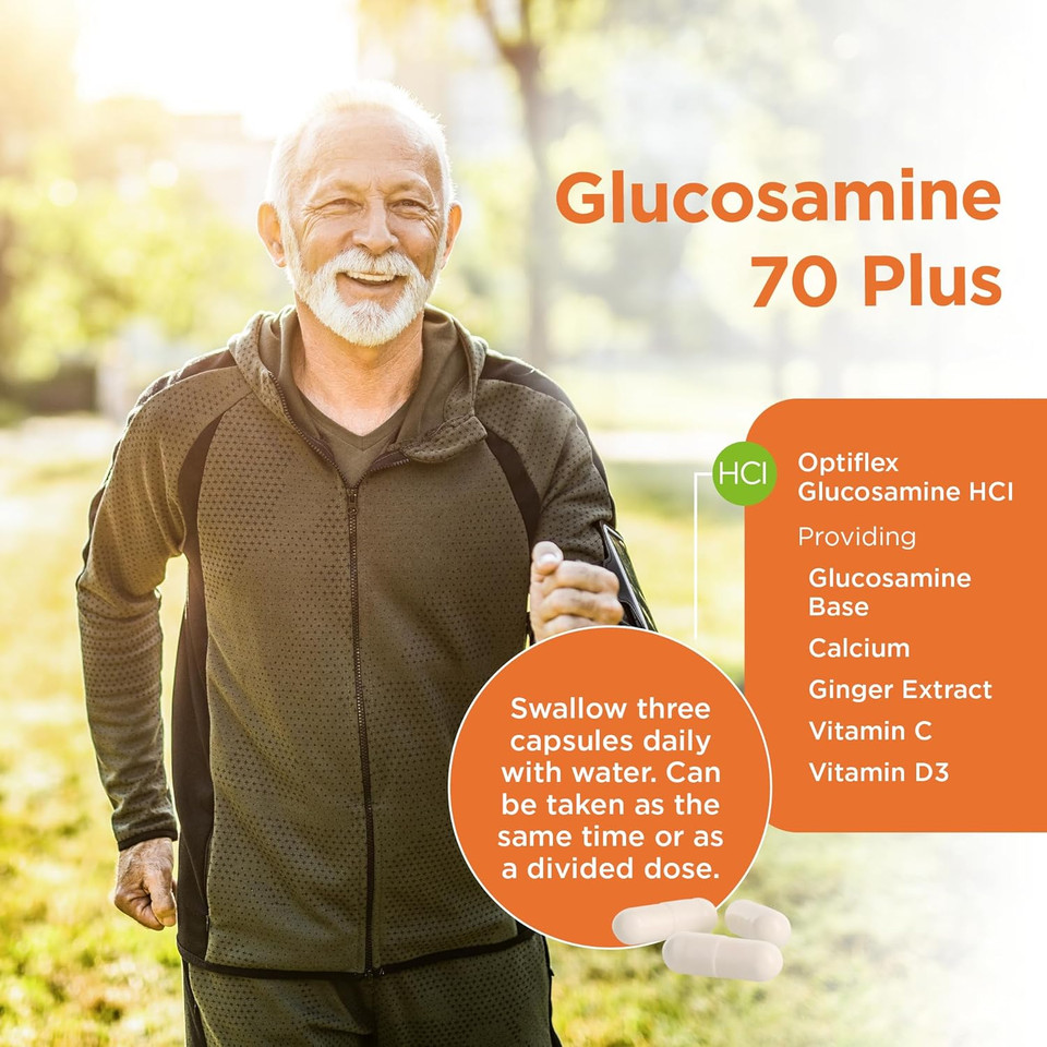 Healthspan Fast Release Glucosamine 70 Plus | 120 Capsules | with Vitamin C & Vitamin D3 | Easy to Digest | Calcium | Ginger | Vegetarian