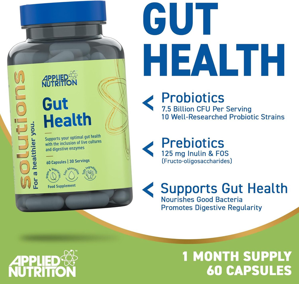 Applied Nutrition - Solutions - Gut Health - Advanced Digestive Support - Best Gut Repair - Best Immune Booster - Optimal Health Benefit - (60 Capsules  30 Servings)