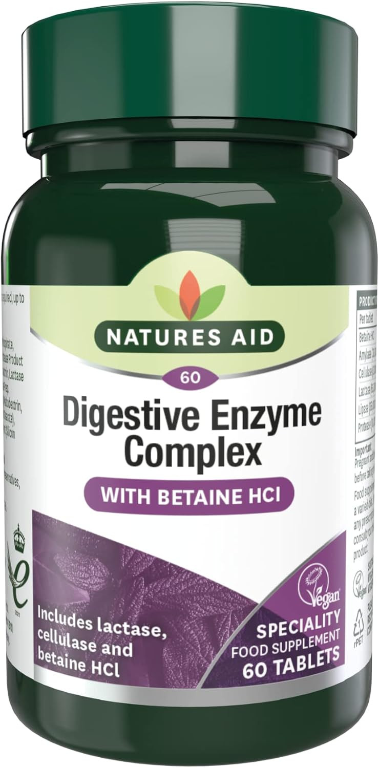 Natures Aid Digestive Enzyme Complex  Supports Digestion, Bloating & Discomfort Relief and Nutrient Absorption  Betaine HCl - Vegan, Vegetarian, Non-GMO  60 Tablets