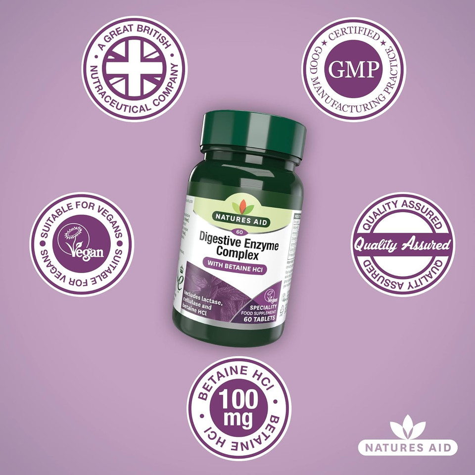 Natures Aid Digestive Enzyme Complex  Supports Digestion, Bloating & Discomfort Relief and Nutrient Absorption  Betaine HCl - Vegan, Vegetarian, Non-GMO  60 Tablets