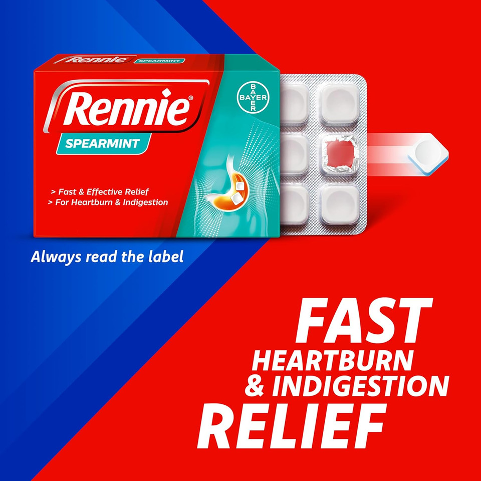 Rennie Spearmint Flavour Antacid, Heartburn and Indigestion Chewable Tablets, 1 pack of 96 tablets - Gets to work in 60 seconds for fast and effective heartburn relief