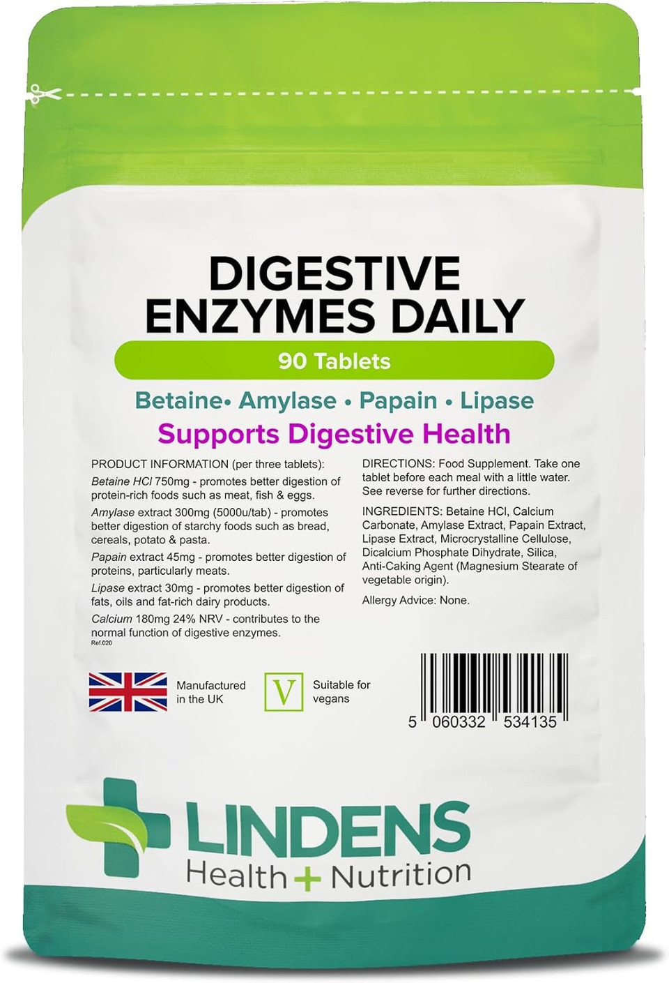 Lindens - Digestive Enzymes Daily Tablets - 90 Tablets - UK Made - Contains Betaine Hcl, Papain, Amylase & Lipase to Promote Better Digestion - Letterbox Friendly, Vegan
